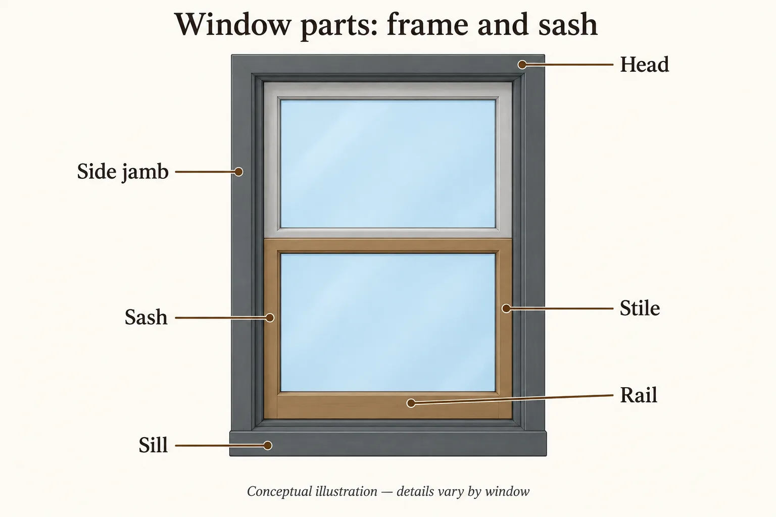 Window parts diagram labeling the head, side jamb, sill, sash, rail and stile.