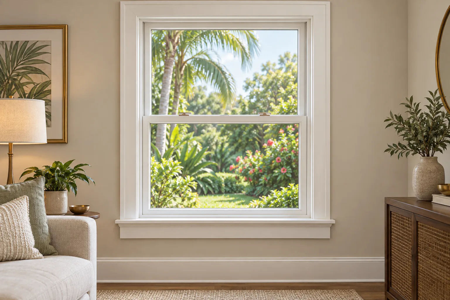 Illustration of a closed white hung window with two sash frames and interior trim in a living room.