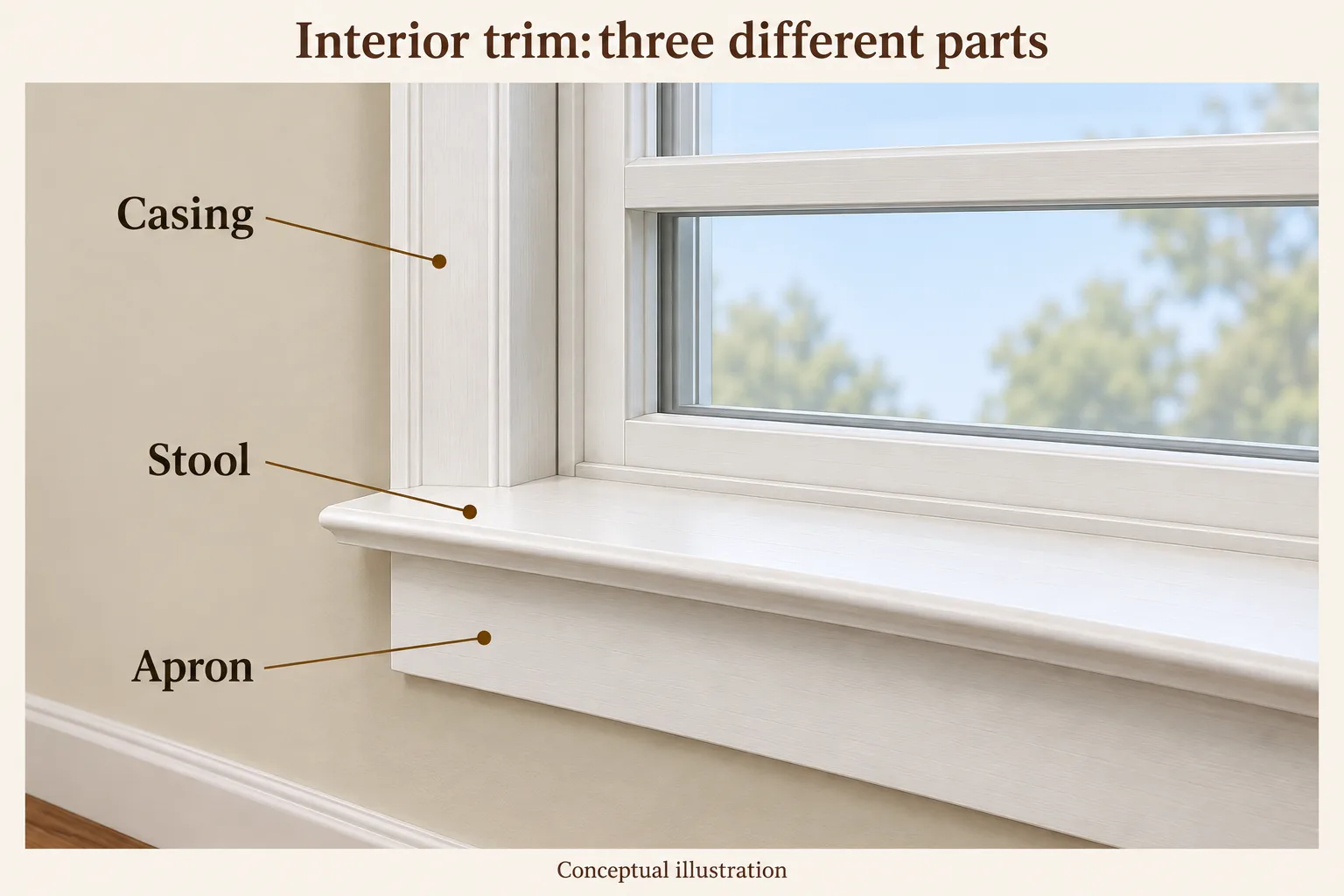 Interior window trim illustration labeling the vertical casing, projecting stool and apron below it.